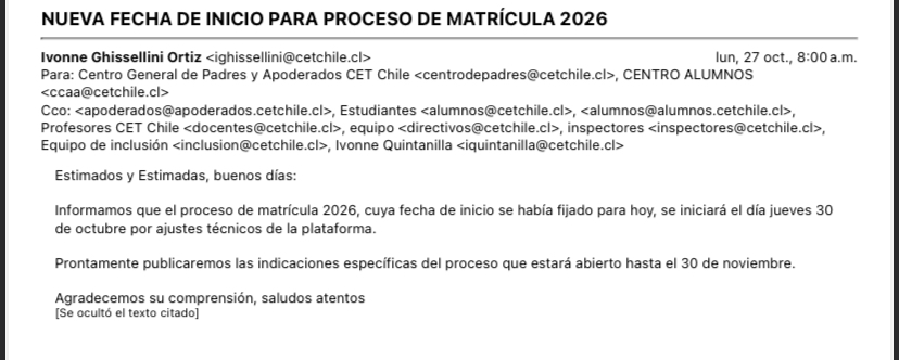 CET NUEVA FECHA DE INICIO PARA PROCESO DE MATRÍCULA 2026