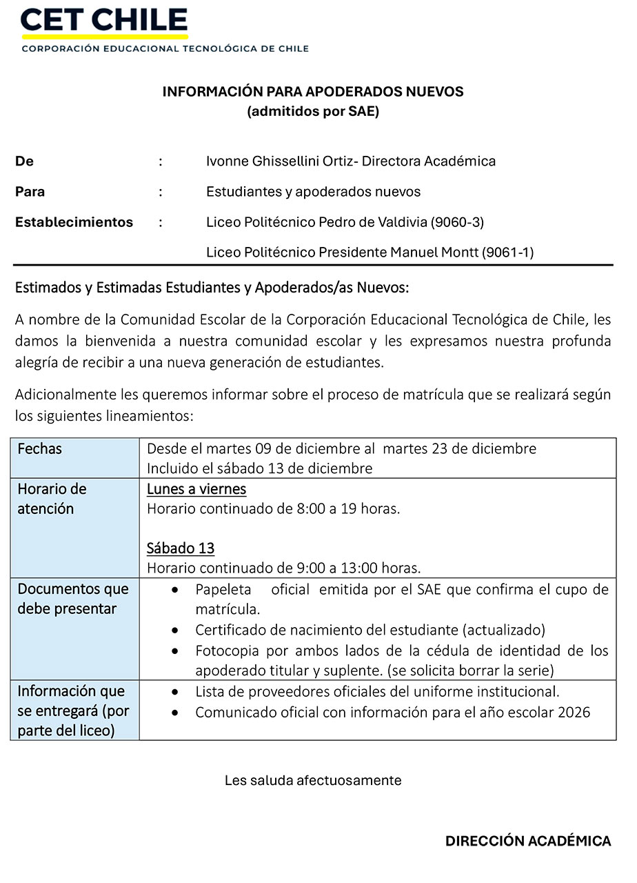 MATRICULA ESTUDIANTES NUEVOS: FECHAS Y HORARIOS