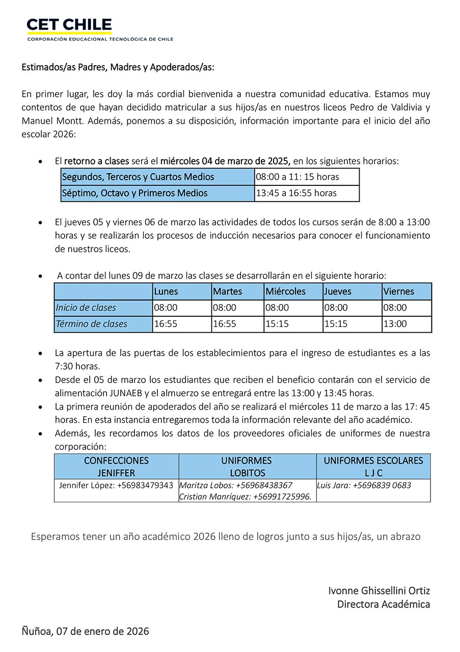 INFORMATIVO N°1 INICIO AÑO ESCOLAR 2026